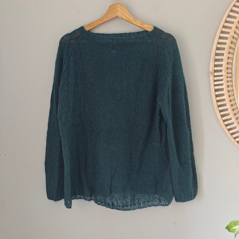 Handmade Kid Mohair Alpaca Sweater Teal Oversized Open Knit Boat Neck S/M